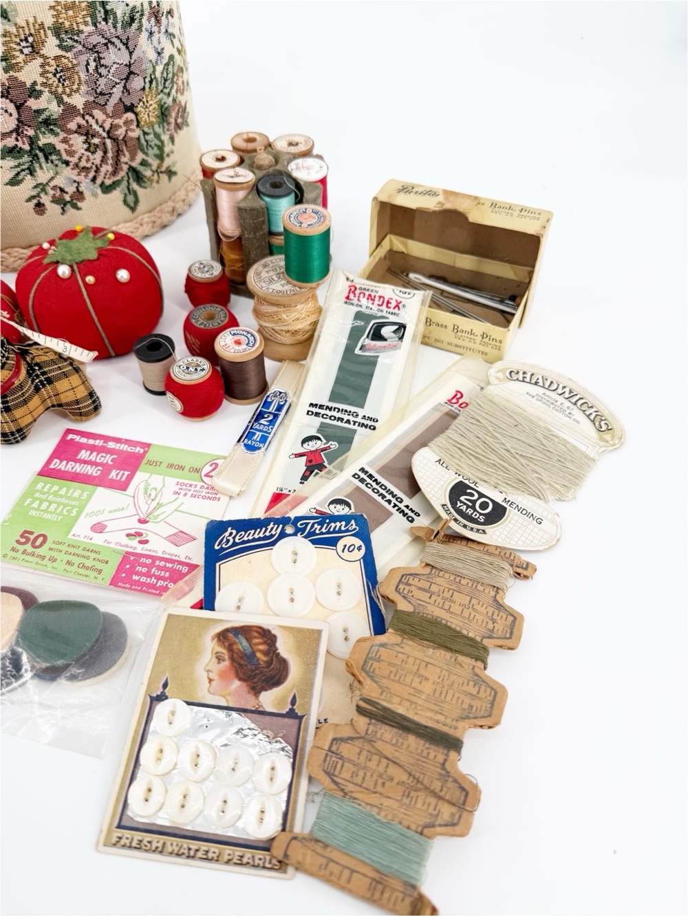 Vintage Tapestry Sewing Basket Full of Vintage Sewing Supplies - Picture 11 of 13